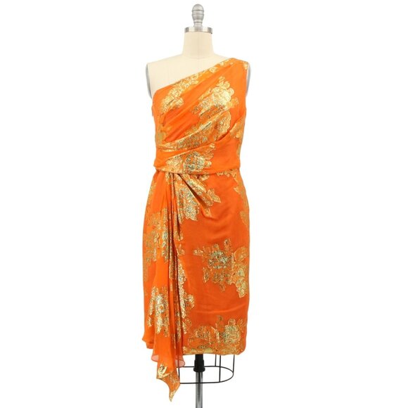 David Meister Silk Metallic Foiled Floral One Shoulder Orange Party Dress 6 - Picture 3 of 9